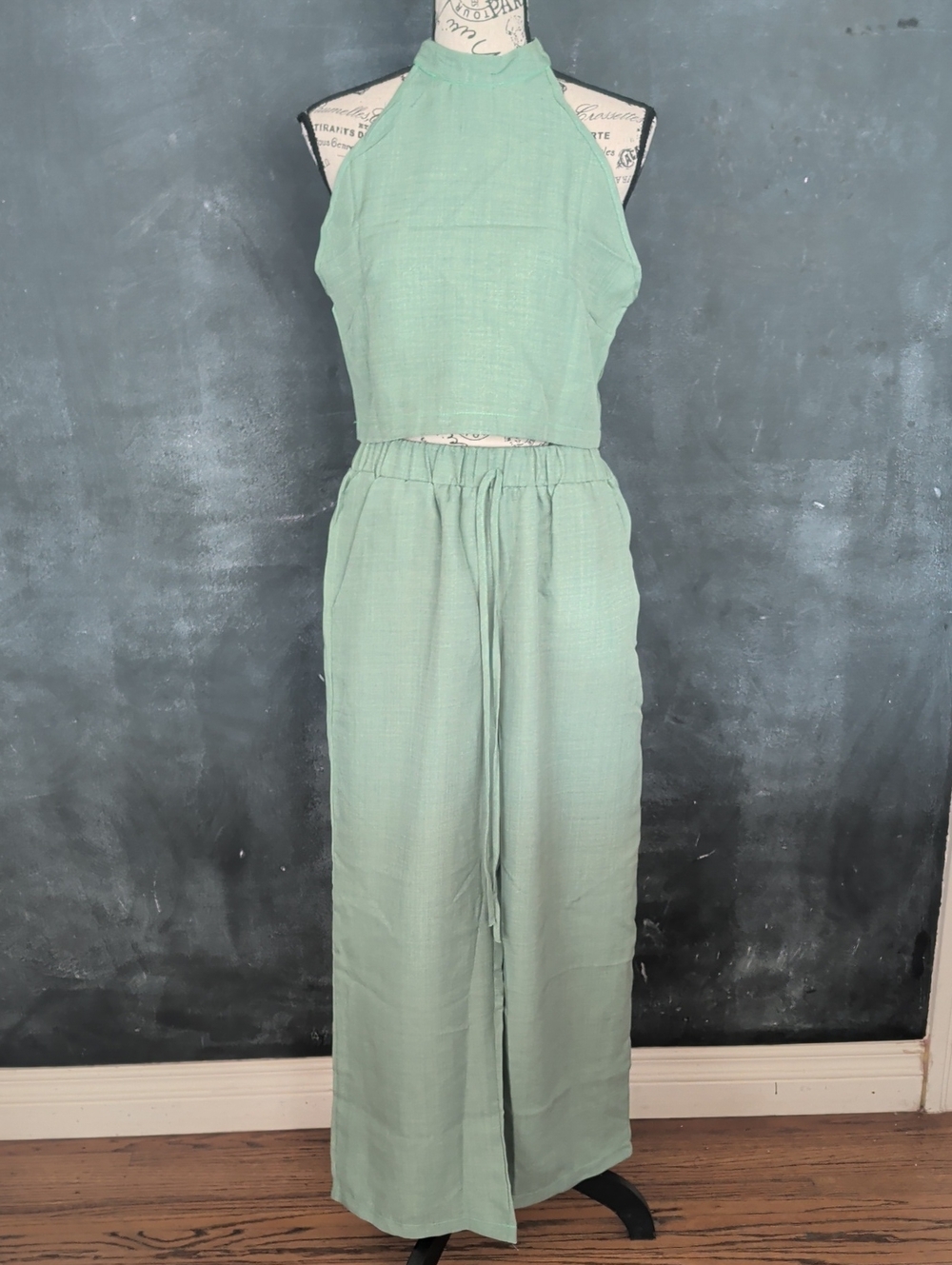 Women's Sage Green Two-Piece Halter Pants suit